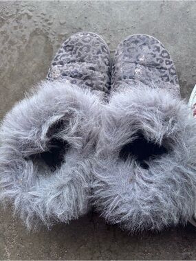 Gray Faux Fur Leopard Boots And Black Boots
